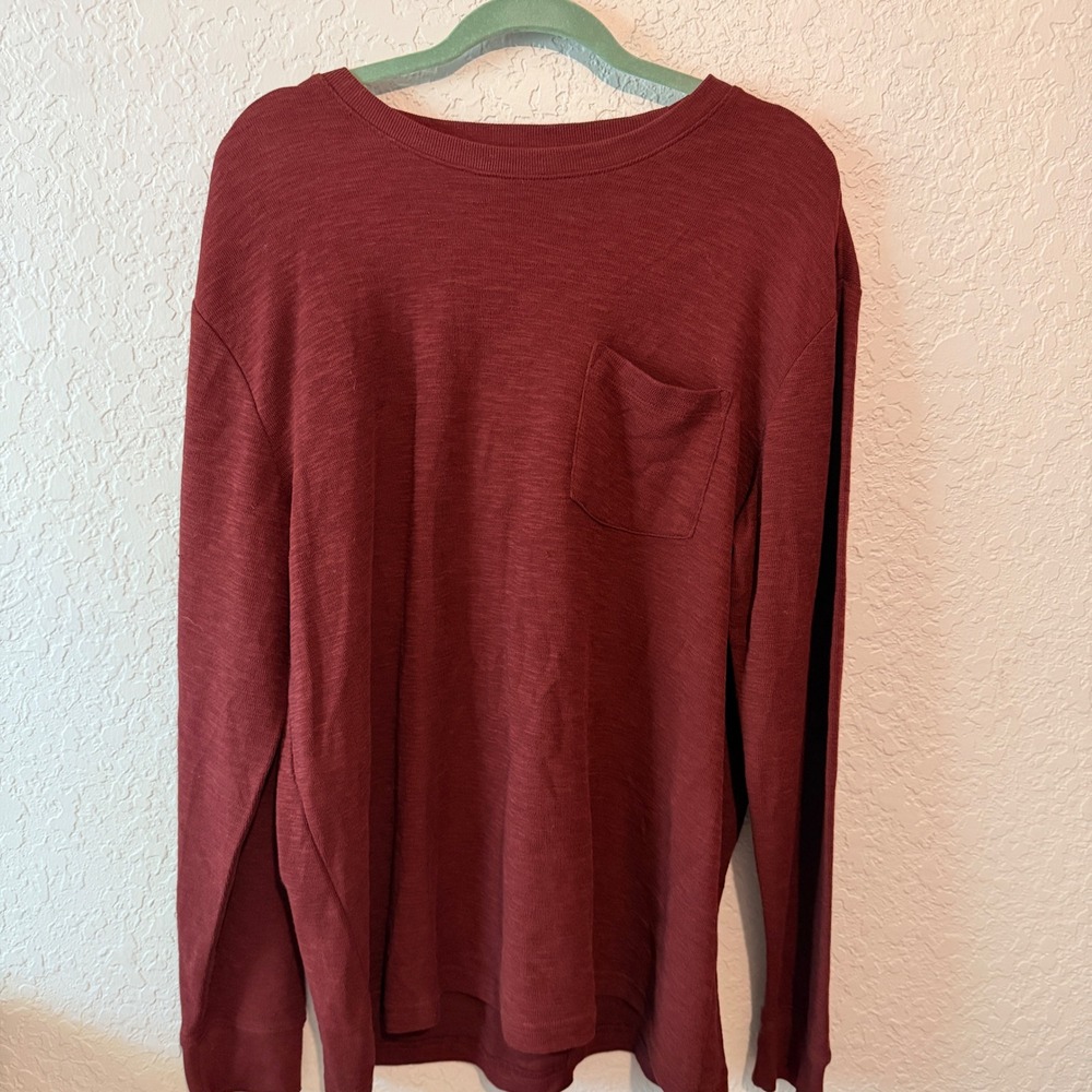 St Johns Bay Long Sleeve Pocket Tee Size L Burgundy Slub Knit Cotton Blend Shirt